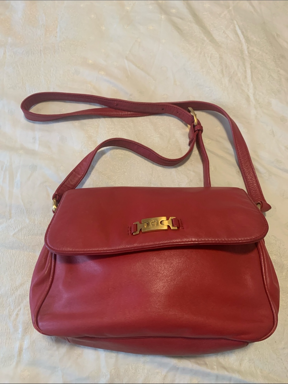 Etienne Aigner Red Genuine Leather Crossbody Bag with Gold Hardware